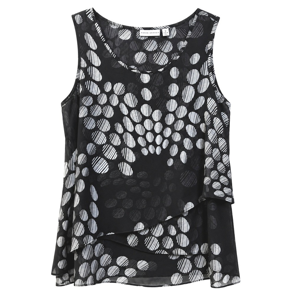 Susan Graver Sleeveless Top Layered Asymmetrical Chiffon Dot Black White Size 12